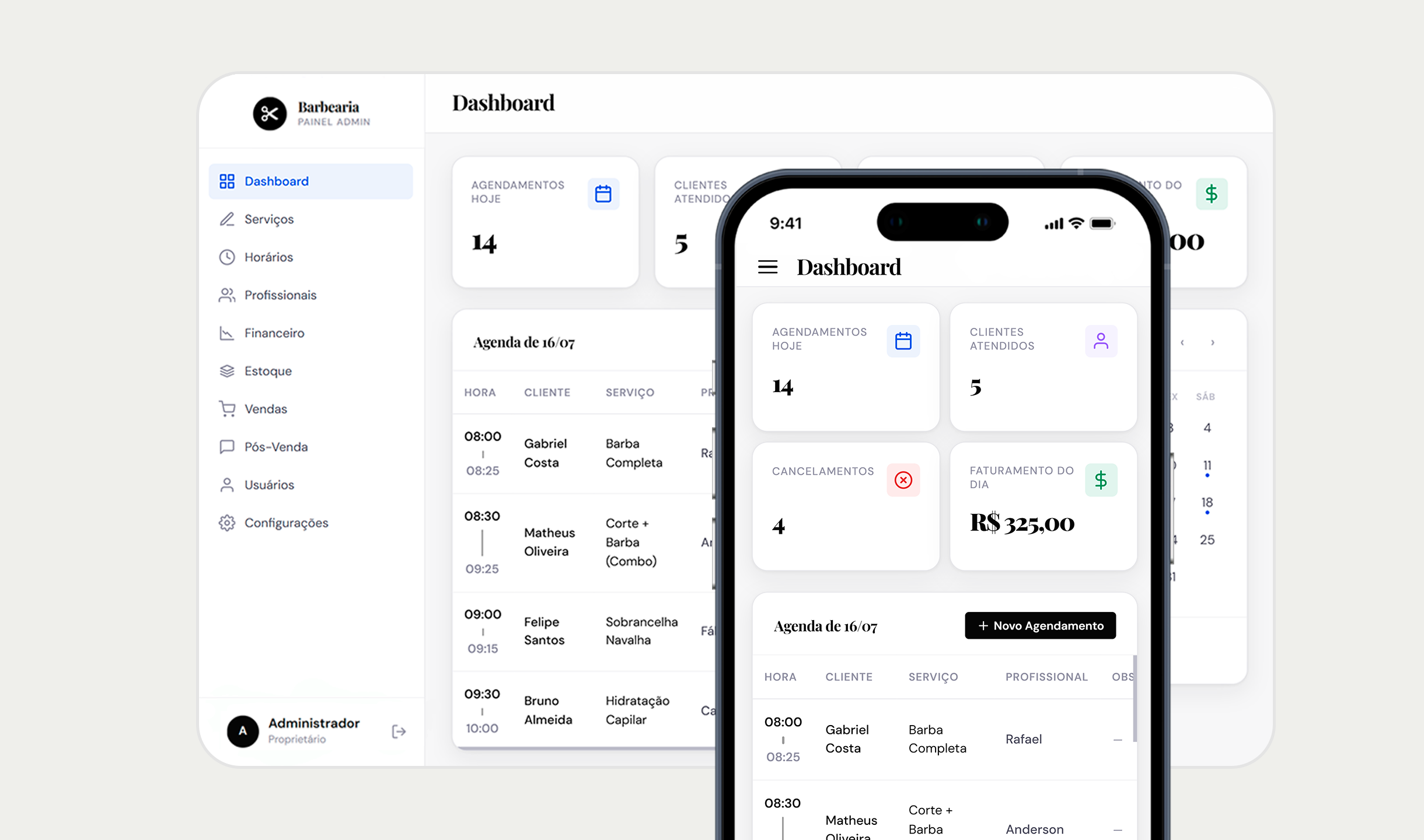 Dashboard do BarberSy com agenda, métricas e visão geral da barbearia