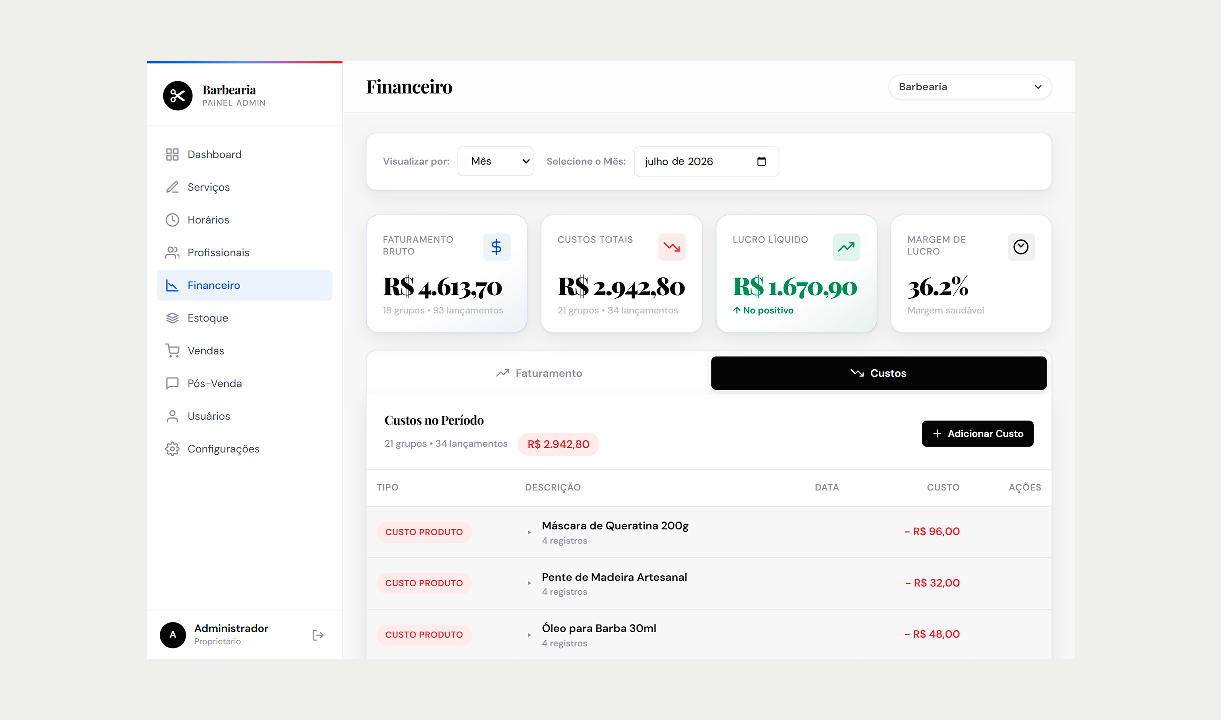 Tela financeira do BarberSy com gráficos, receitas e despesas